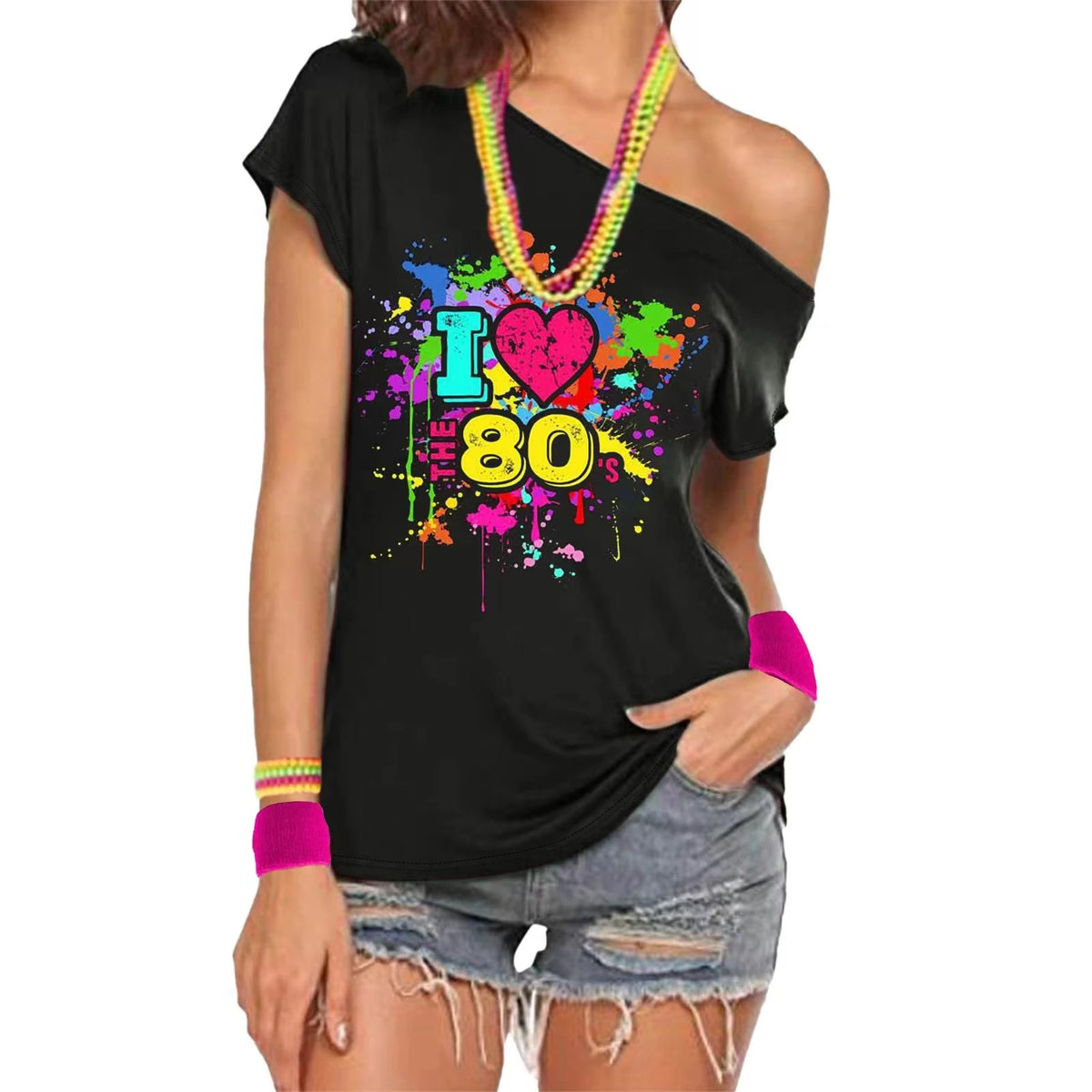 Veylora 80s Costume Outfit for Woman Love off the Shoulder T Shirts Novelty Top Clothes for Costume