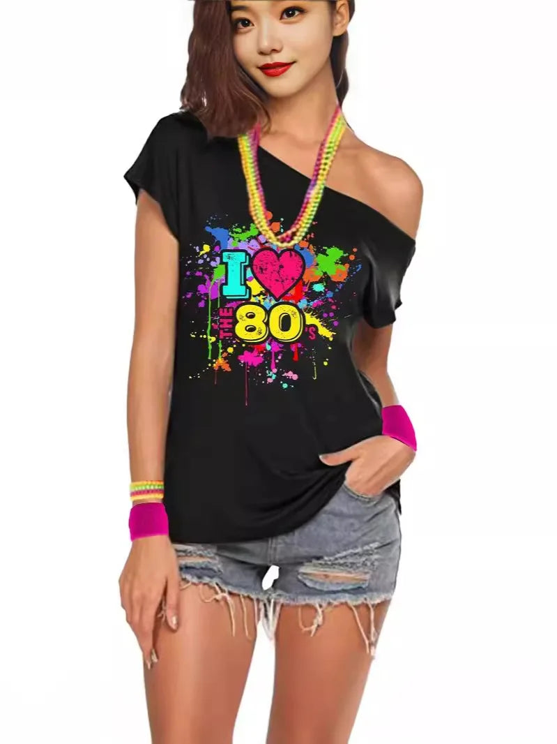 Veylora 80s Costume Outfit for Woman Love off the Shoulder T Shirts Novelty Top Clothes for Costume