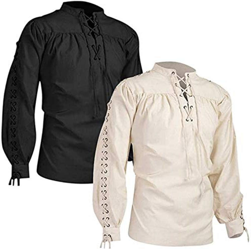Veylora 2026 Shirts Men Tunic Viking Pirate Costume Gothic Clothes Men Vintage Shirt Ruffle Neckline Drawstring Knight Cosplay Top