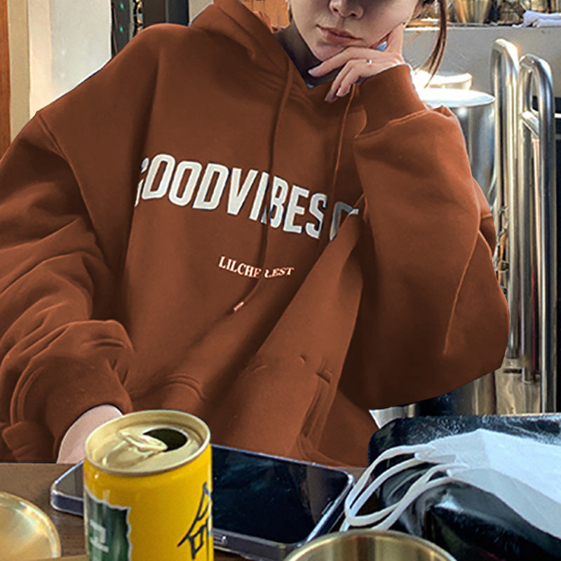 Veylora Fleece-lined hooded sweater women's autumn and winter New loose letter print Korean style fashionable student coat long sleeve top fashion