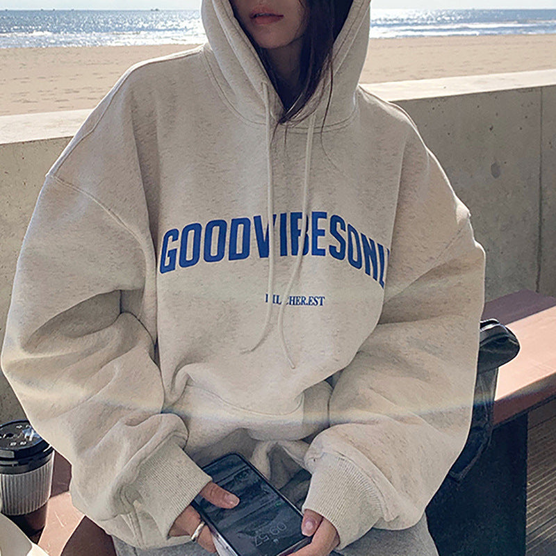 Veylora Fleece-lined hooded sweater women's autumn and winter New loose letter print Korean style fashionable student coat long sleeve top fashion