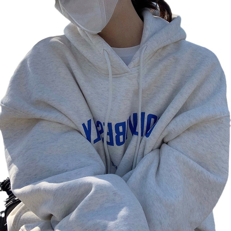 Veylora Fleece-lined hooded sweater women's autumn and winter New loose letter print Korean style fashionable student coat long sleeve top fashion