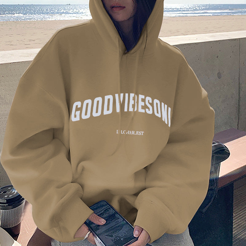 Veylora Fleece-lined hooded sweater women's autumn and winter New loose letter print Korean style fashionable student coat long sleeve top fashion