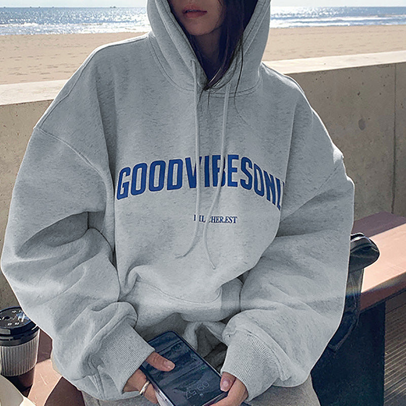 Veylora Fleece-lined hooded sweater women's autumn and winter New loose letter print Korean style fashionable student coat long sleeve top fashion