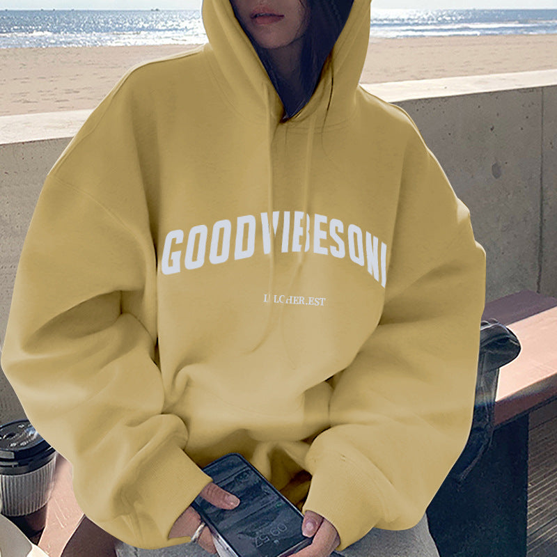 Veylora Fleece-lined hooded sweater women's autumn and winter New loose letter print Korean style fashionable student coat long sleeve top fashion