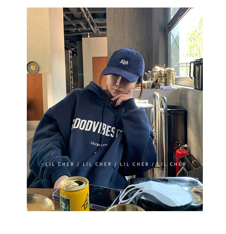 Veylora Fleece-lined hooded sweater women's autumn and winter New loose letter print Korean style fashionable student coat long sleeve top fashion