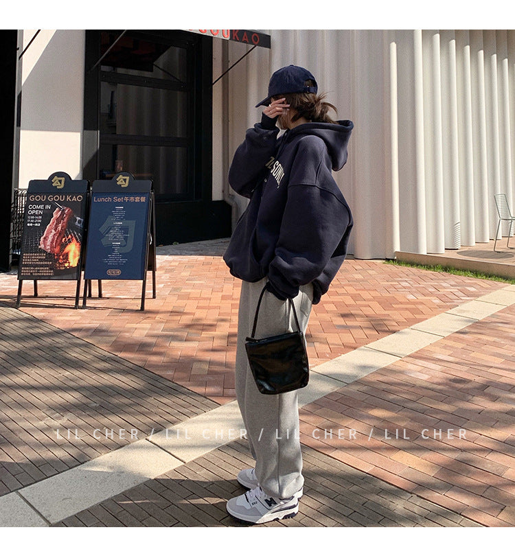 Veylora Fleece-lined hooded sweater women's autumn and winter New loose letter print Korean style fashionable student coat long sleeve top fashion