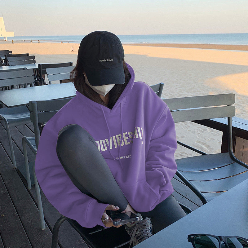 Veylora Fleece-lined hooded sweater women's autumn and winter New loose letter print Korean style fashionable student coat long sleeve top fashion