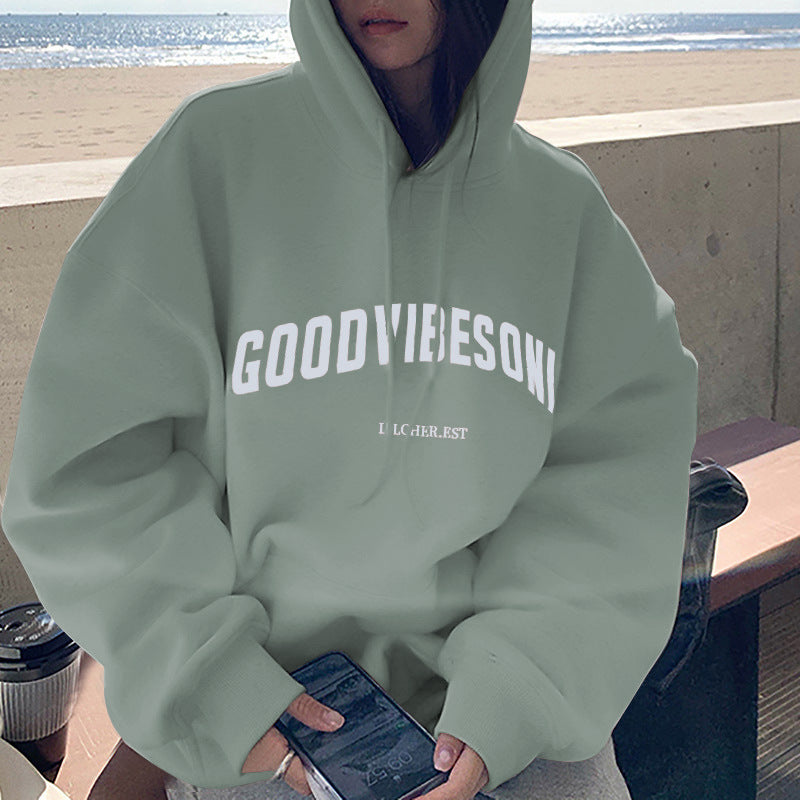 Veylora Fleece-lined hooded sweater women's autumn and winter New loose letter print Korean style fashionable student coat long sleeve top fashion