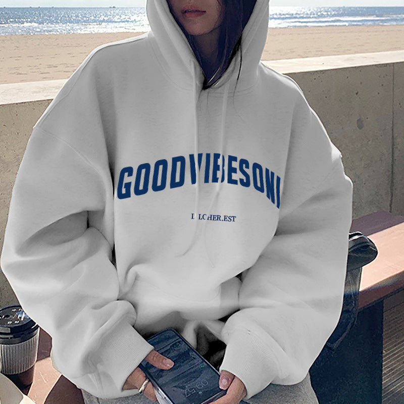 Veylora Fleece-lined hooded sweater women's autumn and winter New loose letter print Korean style fashionable student coat long sleeve top fashion