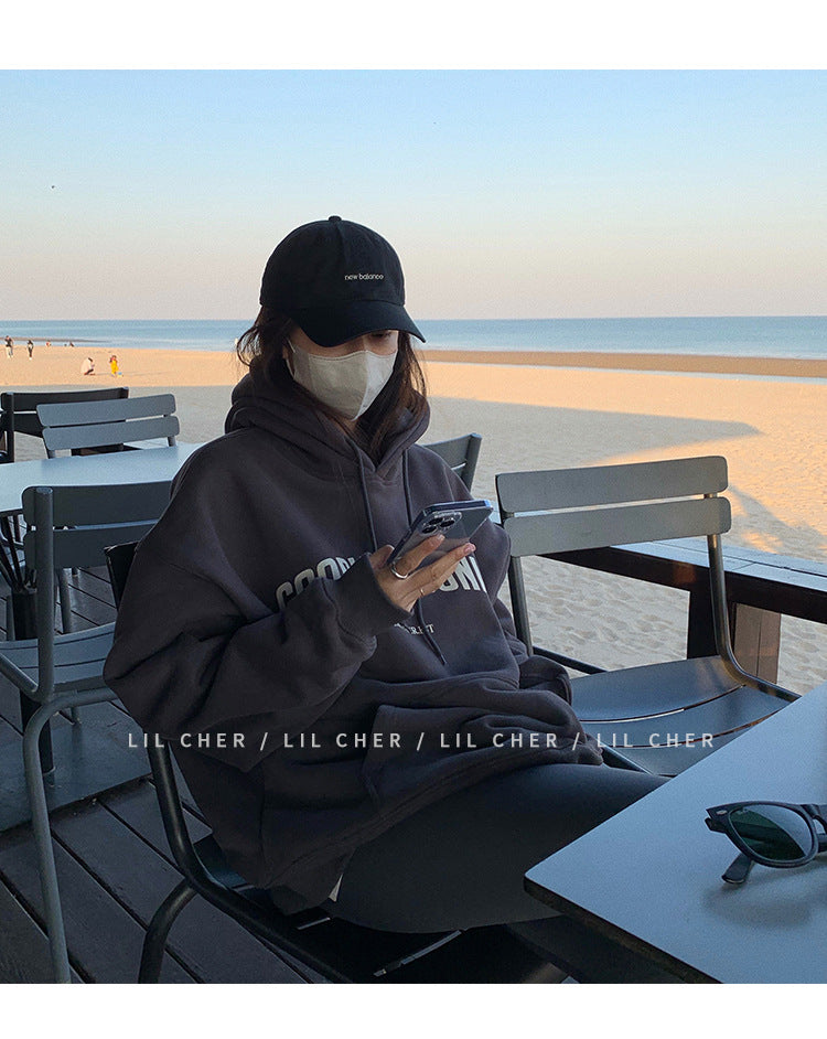 Veylora Fleece-lined hooded sweater women's autumn and winter New loose letter print Korean style fashionable student coat long sleeve top fashion