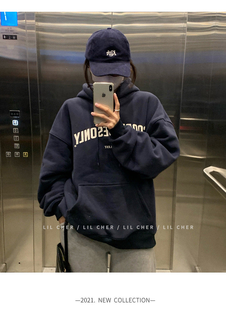 Veylora Fleece-lined hooded sweater women's autumn and winter New loose letter print Korean style fashionable student coat long sleeve top fashion