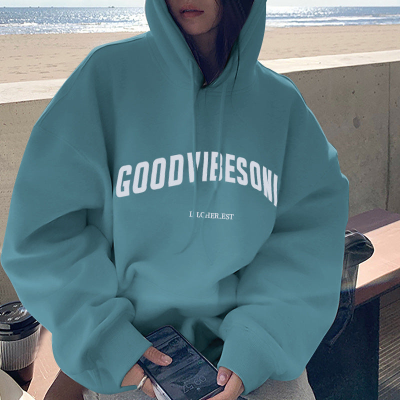 Veylora Fleece-lined hooded sweater women's autumn and winter New loose letter print Korean style fashionable student coat long sleeve top fashion