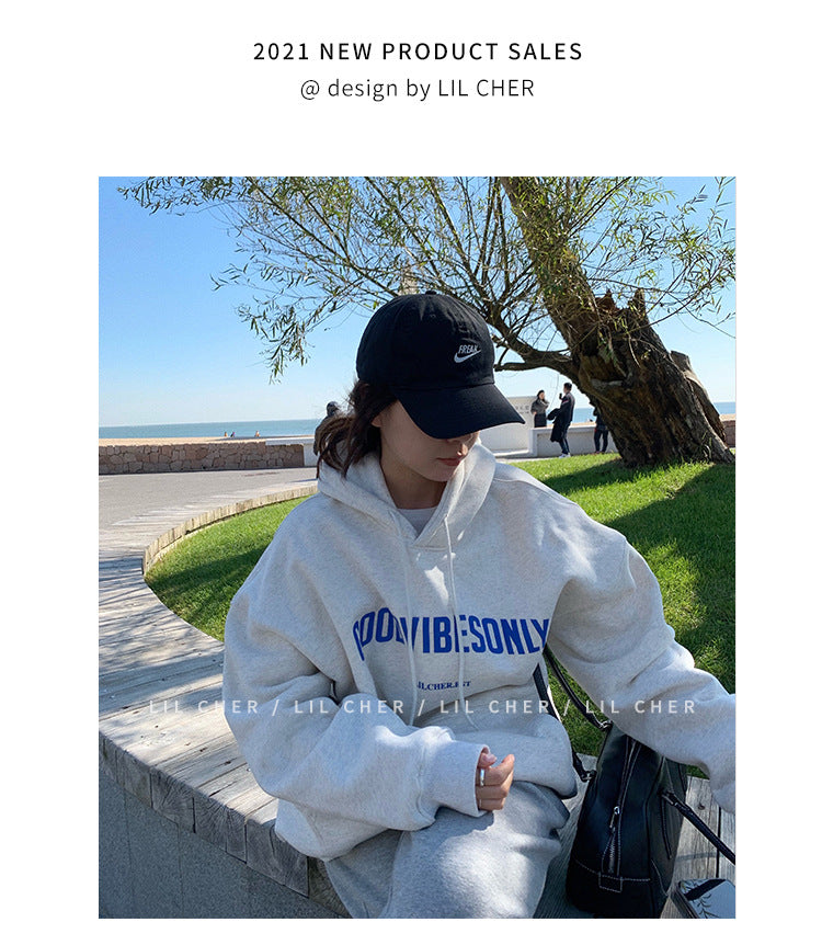 Veylora Fleece-lined hooded sweater women's autumn and winter New loose letter print Korean style fashionable student coat long sleeve top fashion