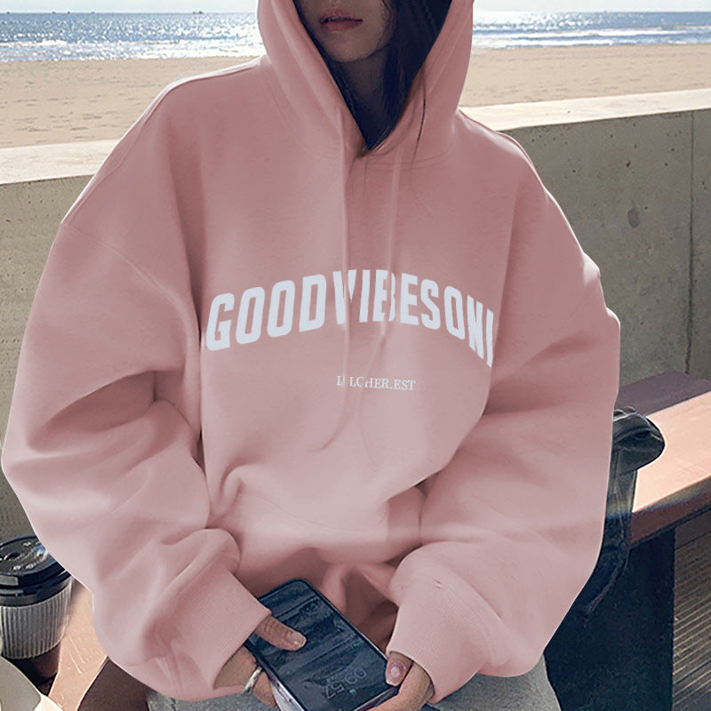 Veylora Fleece-lined hooded sweater women's autumn and winter New loose letter print Korean style fashionable student coat long sleeve top fashion