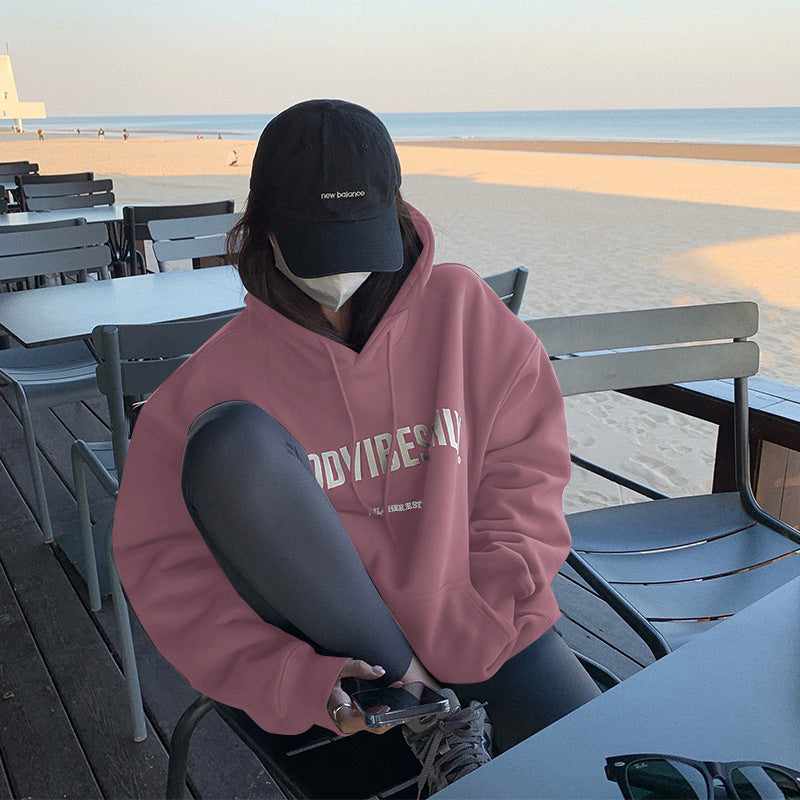 Veylora Fleece-lined hooded sweater women's autumn and winter New loose letter print Korean style fashionable student coat long sleeve top fashion