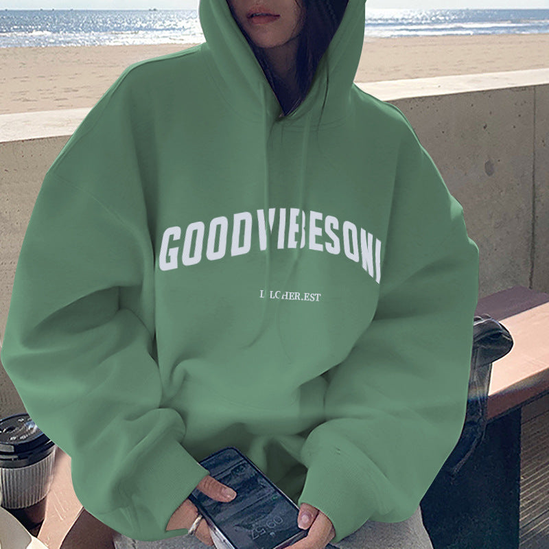 Veylora Fleece-lined hooded sweater women's autumn and winter New loose letter print Korean style fashionable student coat long sleeve top fashion
