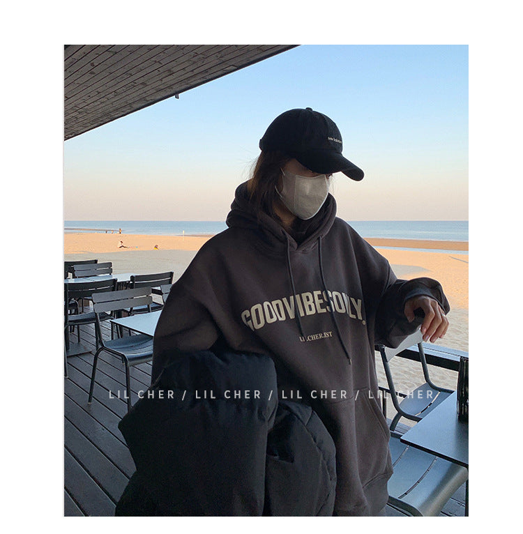 Veylora Fleece-lined hooded sweater women's autumn and winter New loose letter print Korean style fashionable student coat long sleeve top fashion