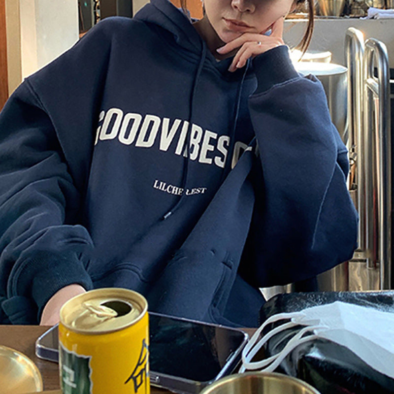 Veylora Fleece-lined hooded sweater women's autumn and winter New loose letter print Korean style fashionable student coat long sleeve top fashion