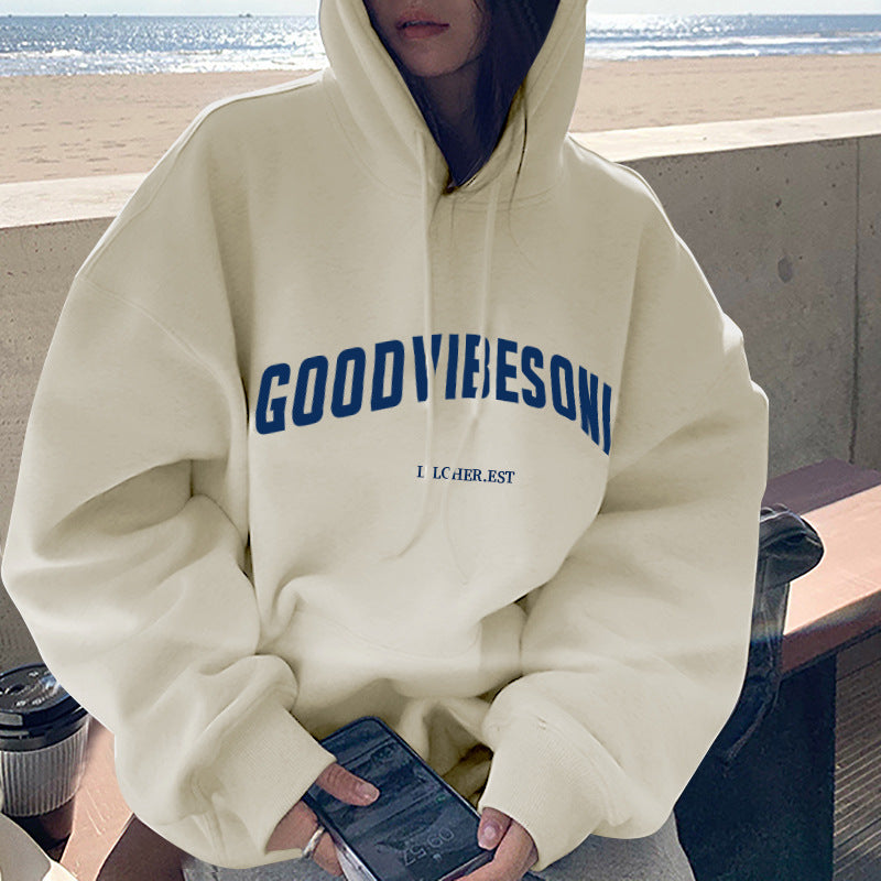 Veylora Fleece-lined hooded sweater women's autumn and winter New loose letter print Korean style fashionable student coat long sleeve top fashion