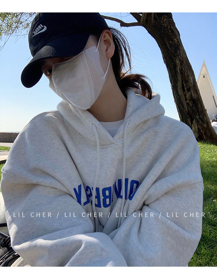 Veylora Fleece-lined hooded sweater women's autumn and winter New loose letter print Korean style fashionable student coat long sleeve top fashion