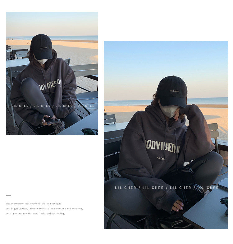 Veylora Fleece-lined hooded sweater women's autumn and winter New loose letter print Korean style fashionable student coat long sleeve top fashion