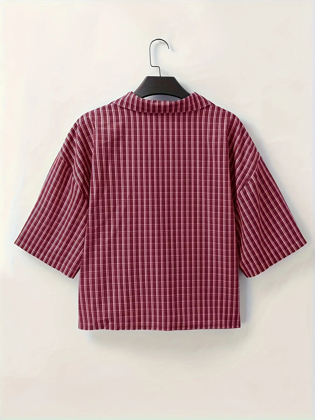 Men's Short-Sleeved Button-Up Shirt, Retro Red Checkered Striped Casual Shirt, Suitable for Summer Streetwear Tops