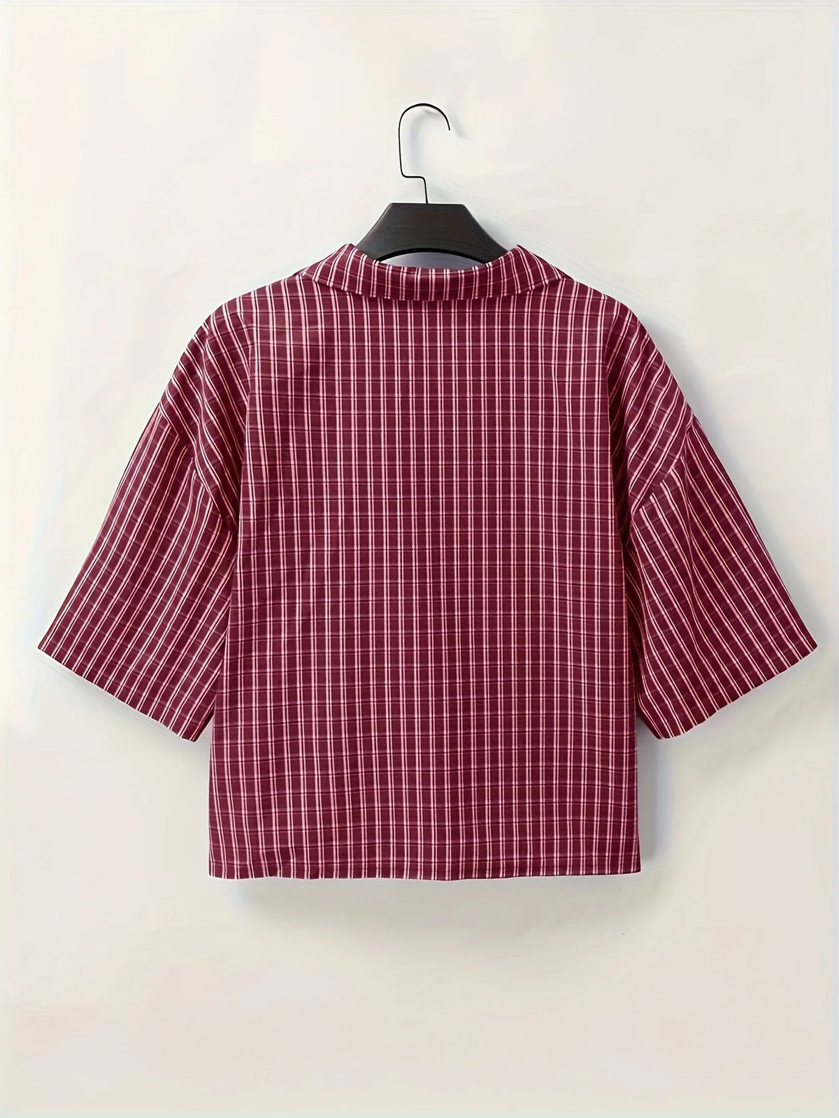 Men's Short-Sleeved Button-Up Shirt, Retro Red Checkered Striped Casual Shirt, Suitable for Summer Streetwear Tops