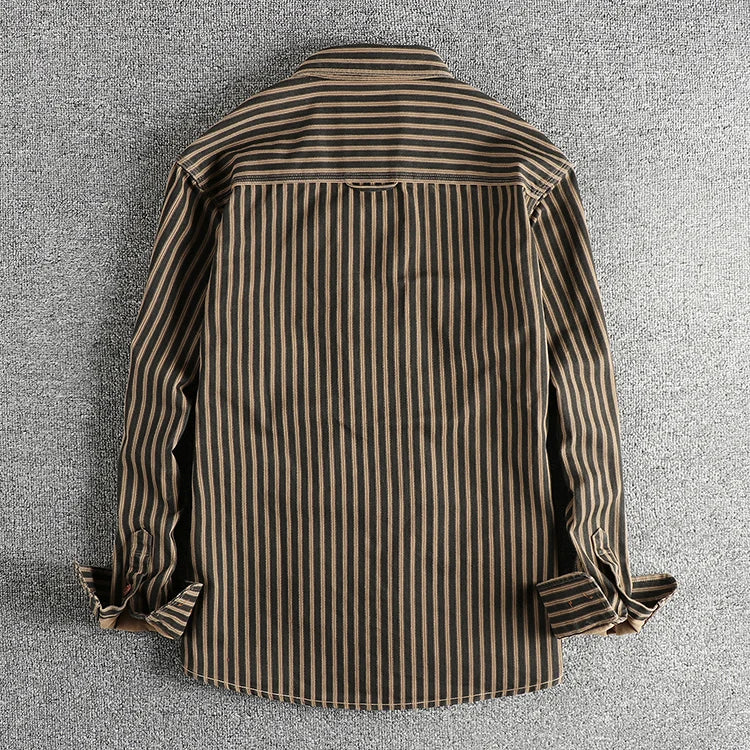 Veylora 2025 Autumn And Winter New American Retro Stripe Long-Sleeve Lapel Shirt Men's Simple Fashion Washed Multi-pocket Casual Blouses