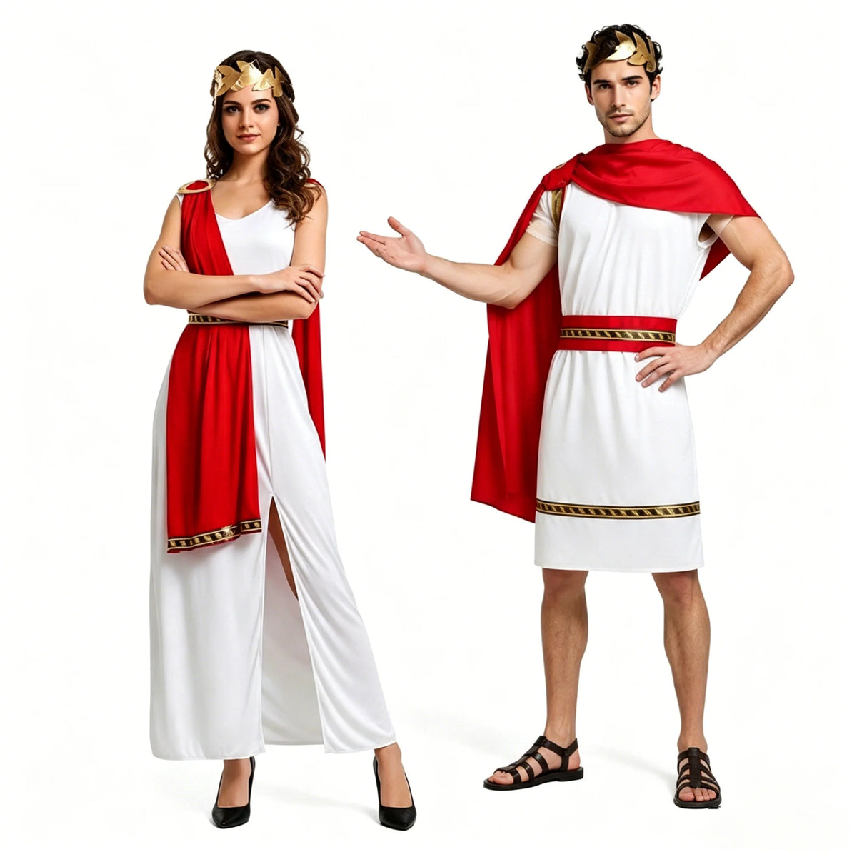 Veylora Roman Greek Costume Adult Men Women Couple Toga White Tunic Red Cape Gold Laurel Wreath Halloween Carnival Cosplay Outfit Set