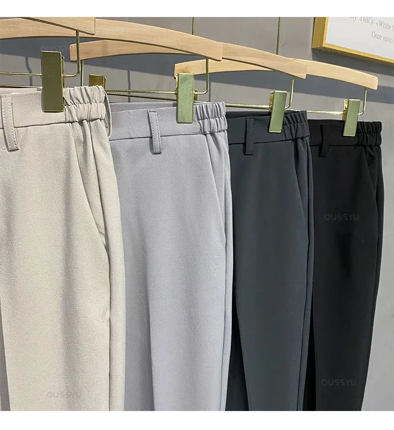 Veylora Summer Men's Casual Pants Suit Pant Slim Fit Work Elastic Waist Thin Jogging Business Trousers Male Black Grey Plus Size 40