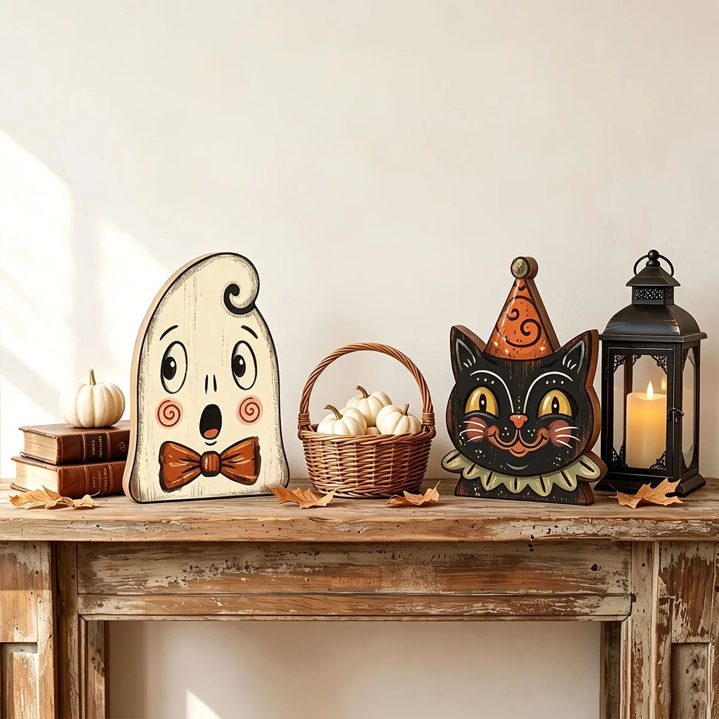Veylora Halloween Decor Indoor,Retro Wooden Block for Shelf Decoration,Cute Ghost,Pumpkin,Black Cat,Skeleton,Witch Owl,Housewarming Gift