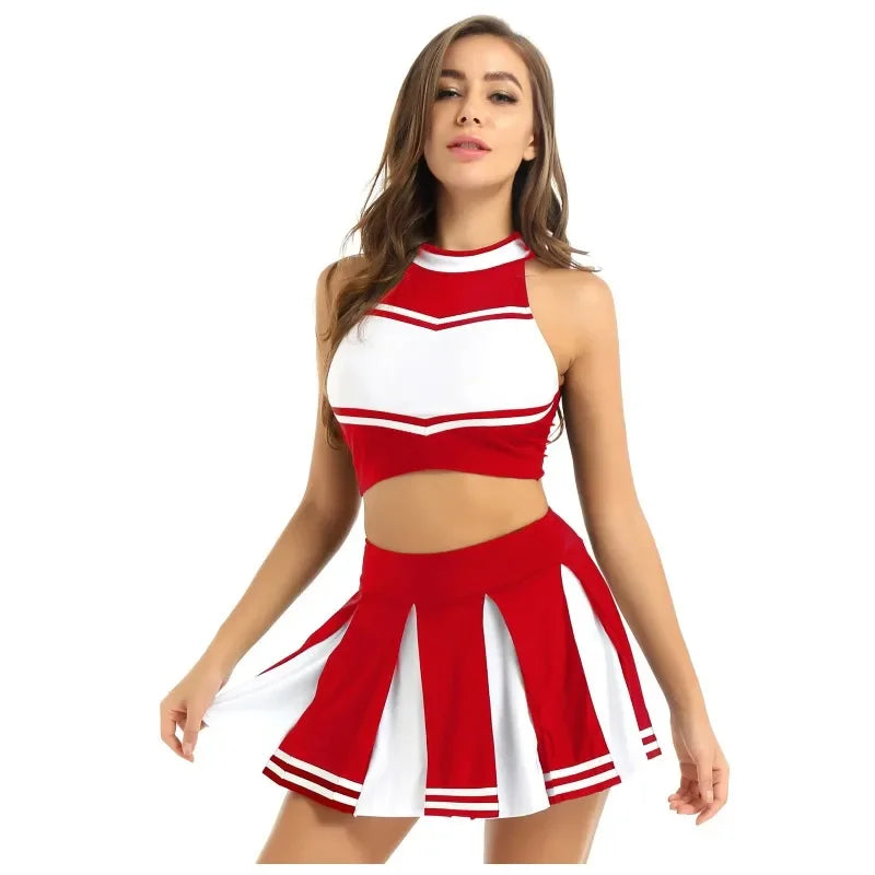 Veylora Carnival Costume 2Pcs Womens Adults Cheerleading Uniform Cosplay Outfit Crop Top with Mini Skirt Halloween Fancy Dress Up Party