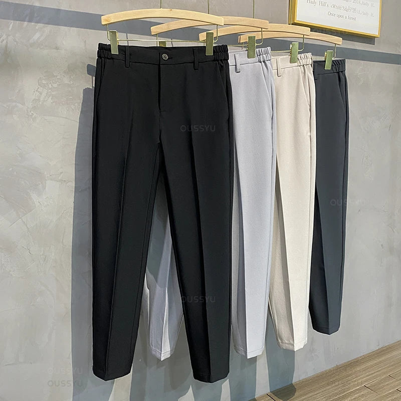 Veylora Summer Men's Casual Pants Suit Pant Slim Fit Work Elastic Waist Thin Jogging Business Trousers Male Black Grey Plus Size 40