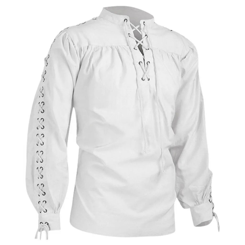 Veylora 2026 Shirts Men Tunic Viking Pirate Costume Gothic Clothes Men Vintage Shirt Ruffle Neckline Drawstring Knight Cosplay Top