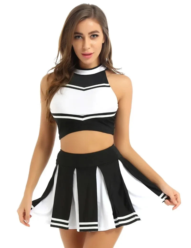 Veylora Carnival Costume 2Pcs Womens Adults Cheerleading Uniform Cosplay Outfit Crop Top with Mini Skirt Halloween Fancy Dress Up Party