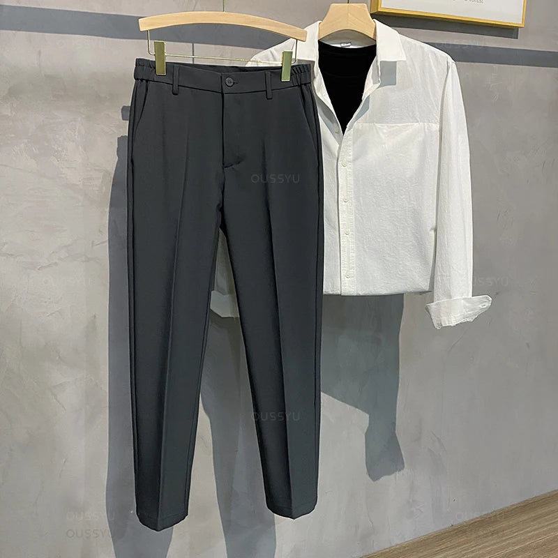 Veylora Summer Men's Casual Pants Suit Pant Slim Fit Work Elastic Waist Thin Jogging Business Trousers Male Black Grey Plus Size 40