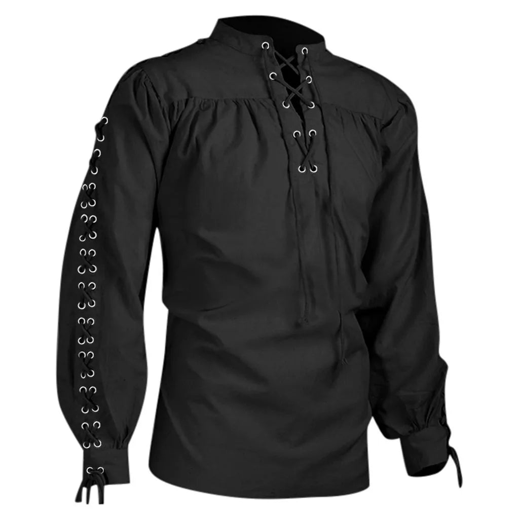 Veylora 2026 Shirts Men Tunic Viking Pirate Costume Gothic Clothes Men Vintage Shirt Ruffle Neckline Drawstring Knight Cosplay Top
