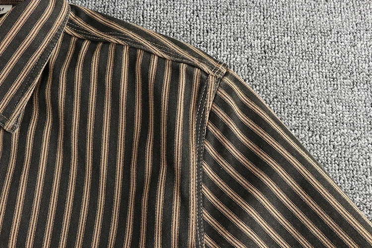 Veylora 2025 Autumn And Winter New American Retro Stripe Long-Sleeve Lapel Shirt Men's Simple Fashion Washed Multi-pocket Casual Blouses