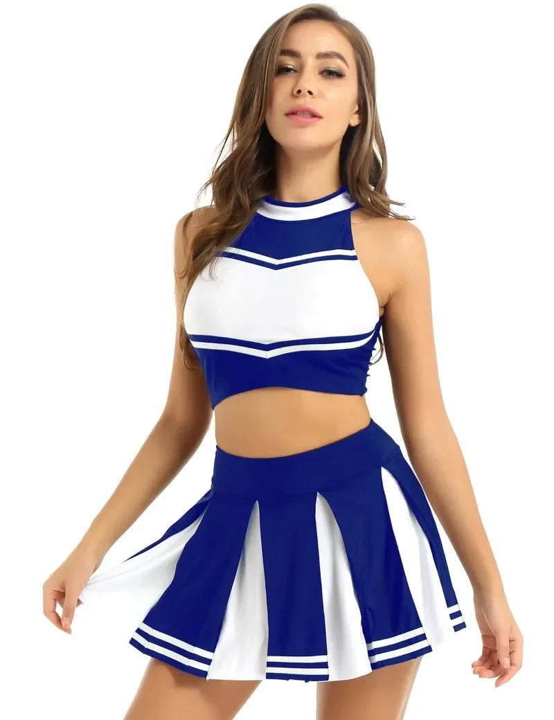 Veylora Carnival Costume 2Pcs Womens Adults Cheerleading Uniform Cosplay Outfit Crop Top with Mini Skirt Halloween Fancy Dress Up Party