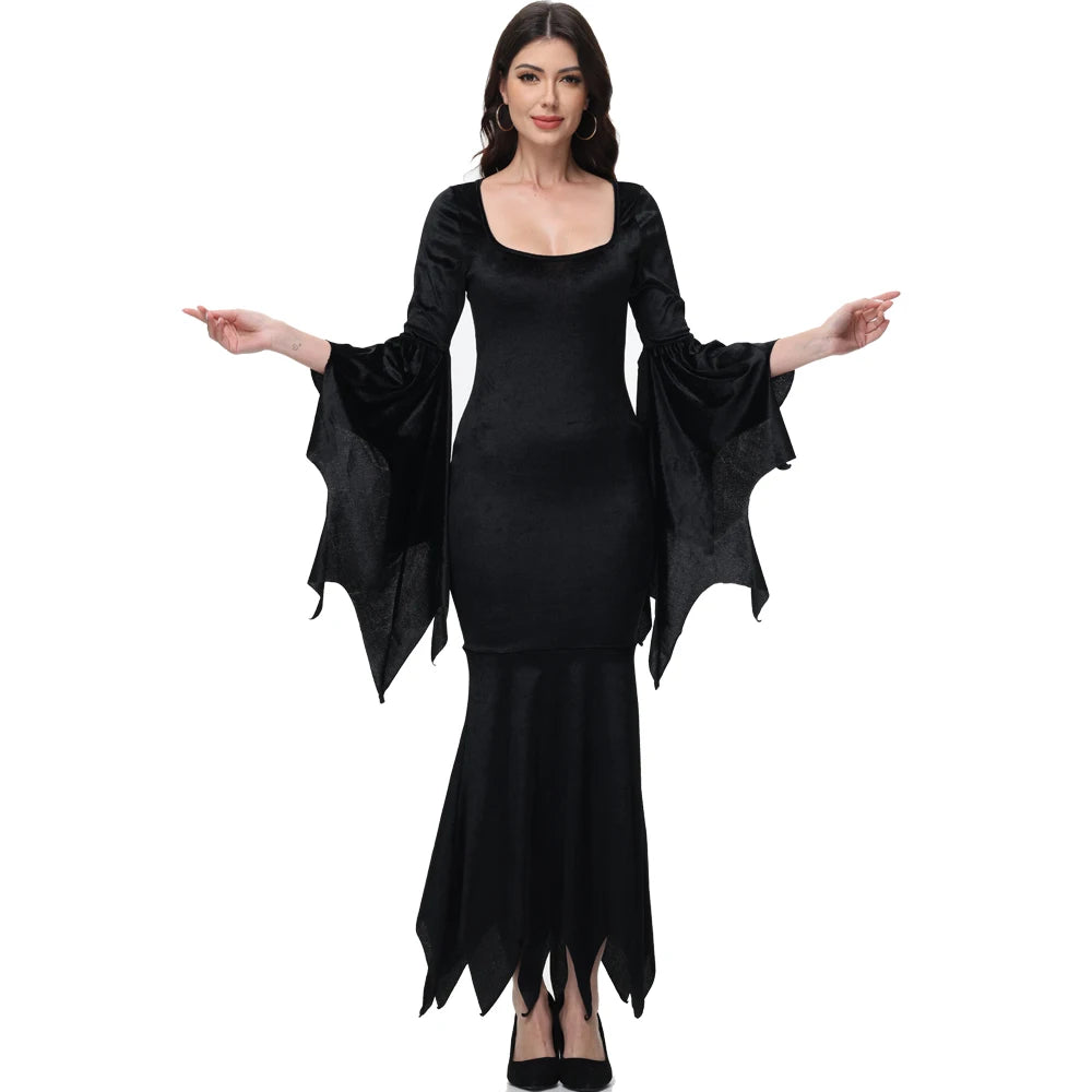 Veylora Halloween Morticia Adams Primate Costume Black Adams Family Dress Retro Gothic Flared Sleeve Fishtail Dress Vestido Party Outfit