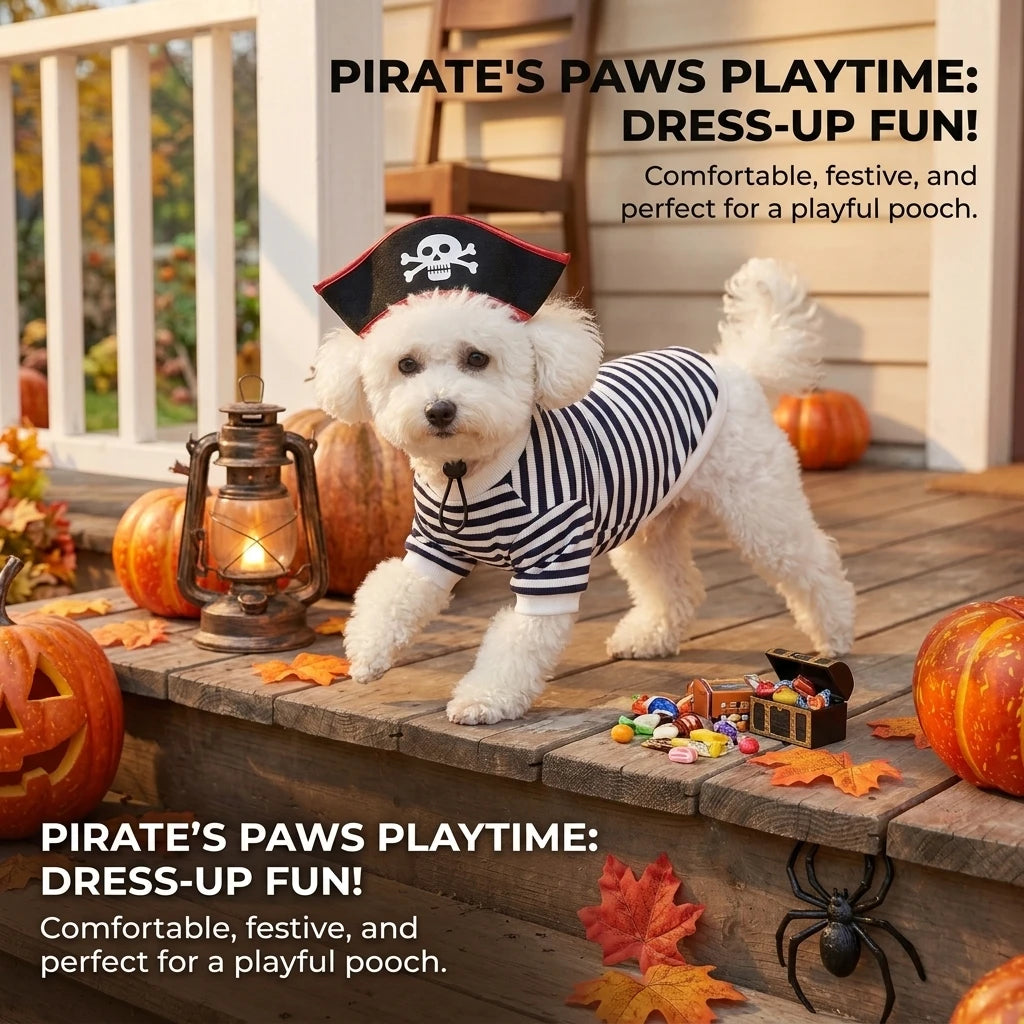 Veylora Halloween Pirate Pet Costume Set with Skull Hat Black White Striped Dog Cat Shirt Sweatshirt Spooky Cosplay Party Apparel Outfit