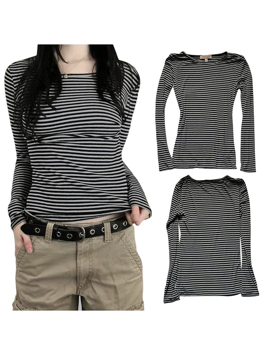 Veylora Long Sleeve Shirts for Women Fashion Casual Basic Crew Neck Striped Slim Fit T-shirt Going Out Blouses Y2K Vintage Tight Shirts