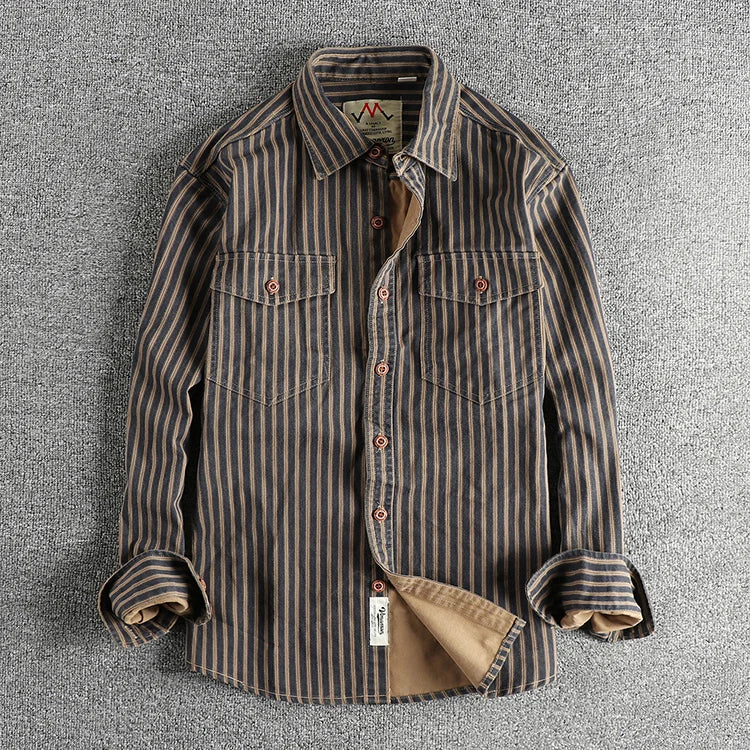Veylora 2025 Autumn And Winter New American Retro Stripe Long-Sleeve Lapel Shirt Men's Simple Fashion Washed Multi-pocket Casual Blouses
