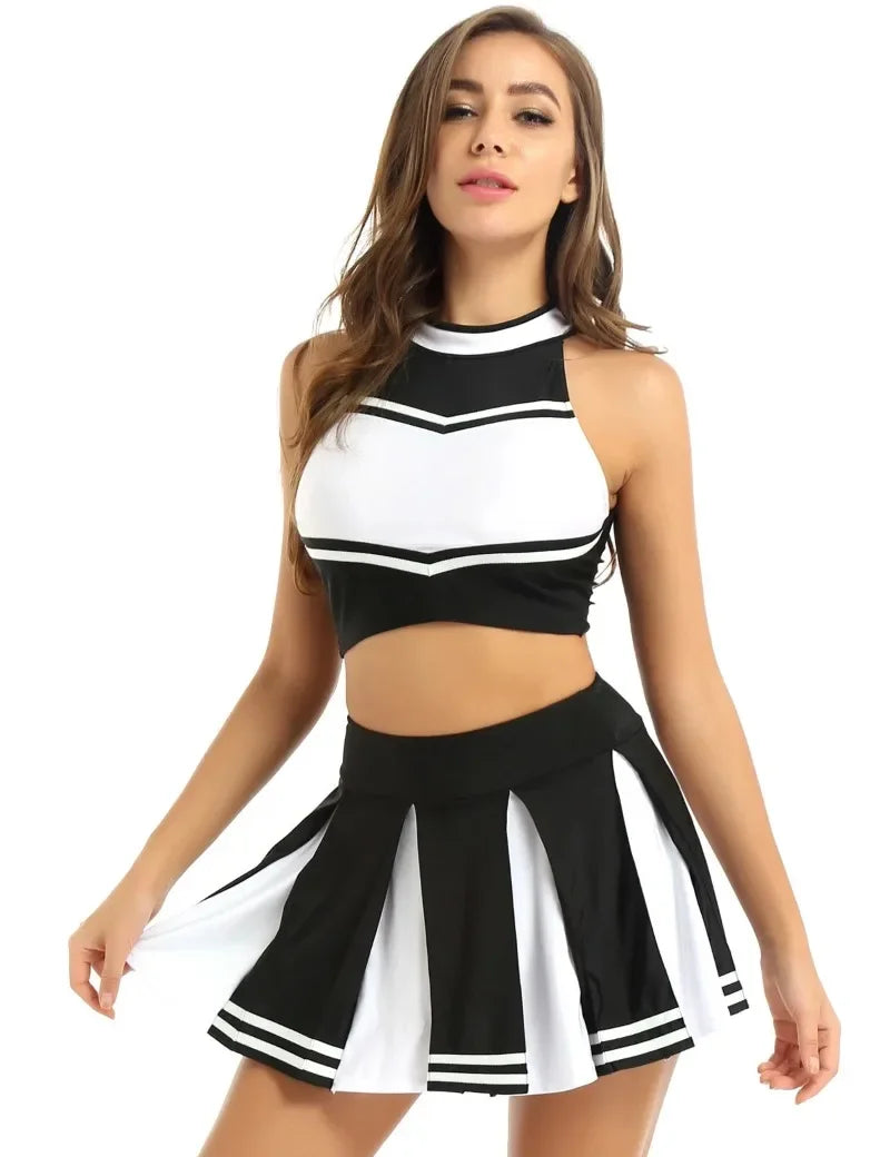 Veylora Carnival Costume 2Pcs Womens Adults Cheerleading Uniform Cosplay Outfit Crop Top with Mini Skirt Halloween Fancy Dress Up Party
