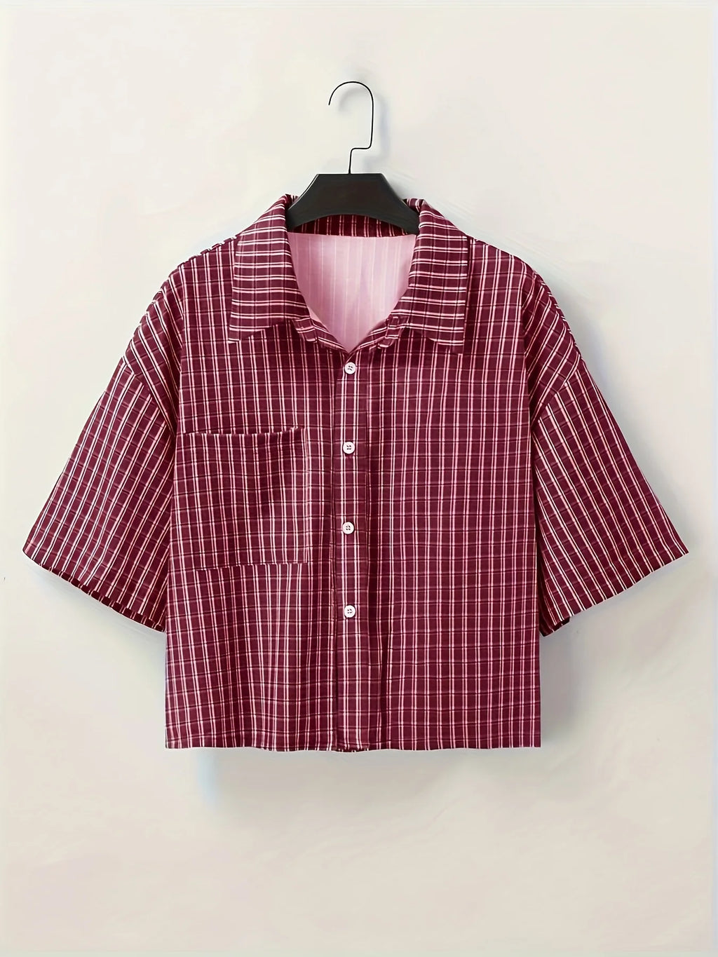 Men's Short-Sleeved Button-Up Shirt, Retro Red Checkered Striped Casual Shirt, Suitable for Summer Streetwear Tops
