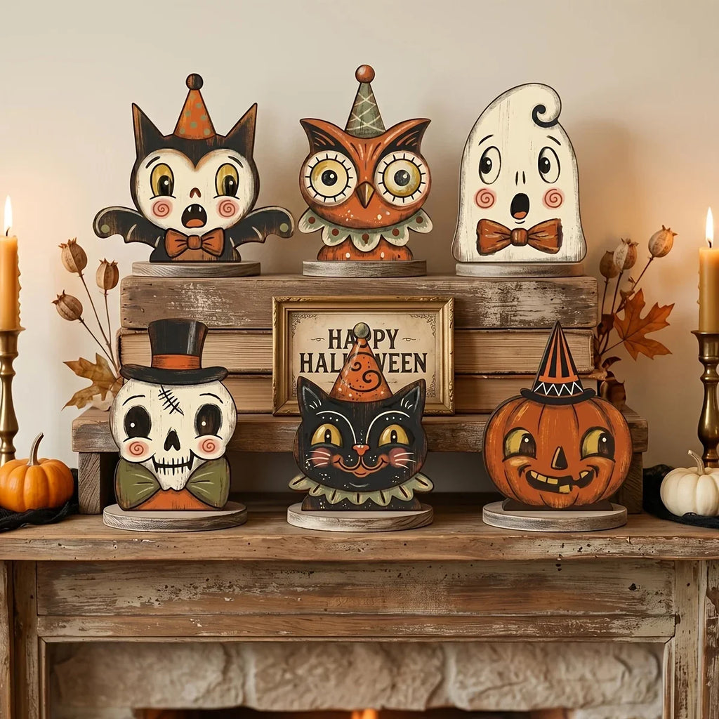 Veylora Halloween Decor Indoor,Retro Wooden Block for Shelf Decoration,Cute Ghost,Pumpkin,Black Cat,Skeleton,Witch Owl,Housewarming Gift