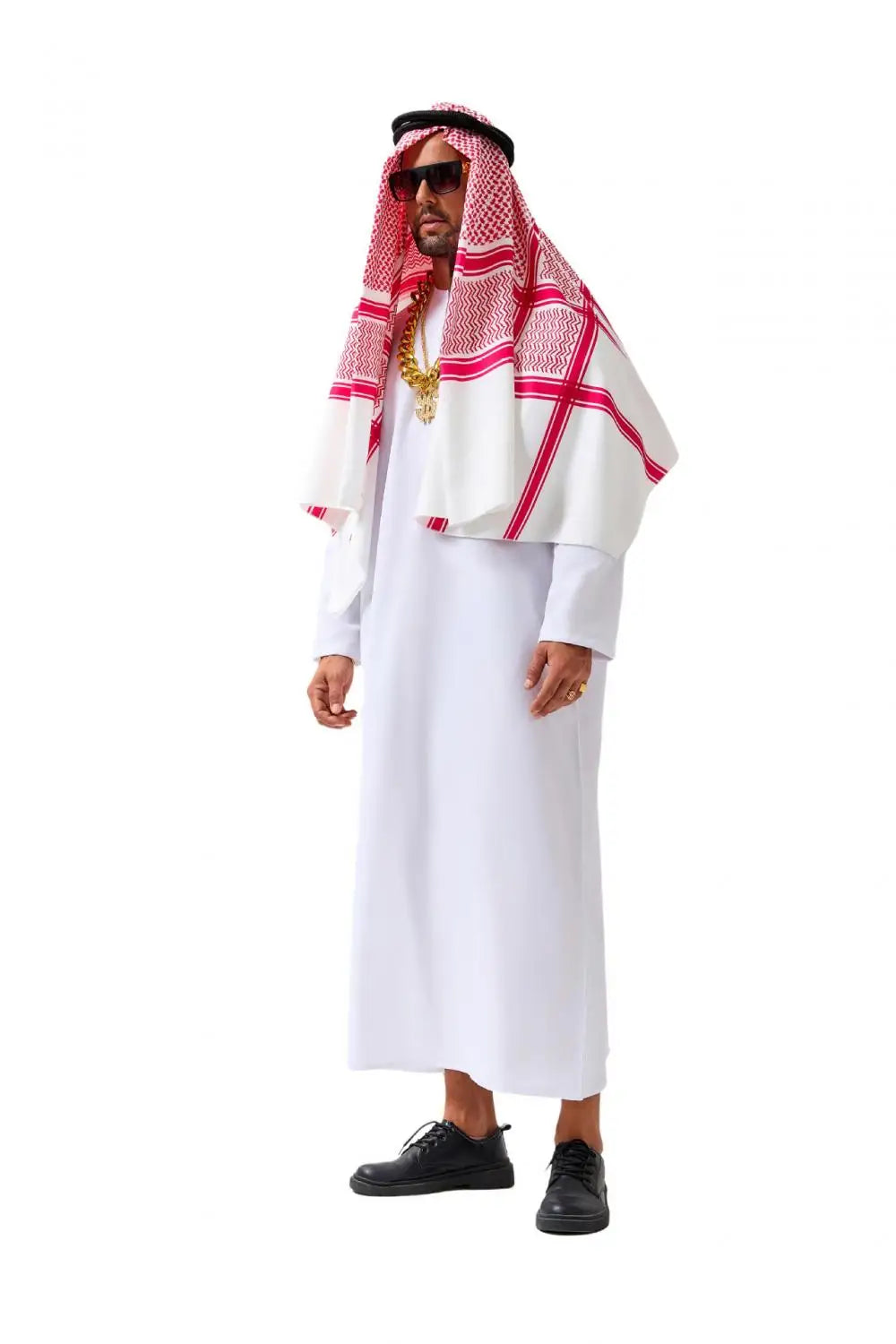Veylora Arabian Dubai Costume Uae Sheik Cosplay White Robe Headscarf for Wealthy Saudi Birthday Costume Halloween Rich Man Outfit Polyes