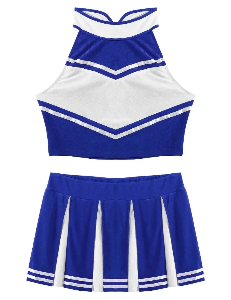 Veylora Carnival Costume 2Pcs Womens Adults Cheerleading Uniform Cosplay Outfit Crop Top with Mini Skirt Halloween Fancy Dress Up Party