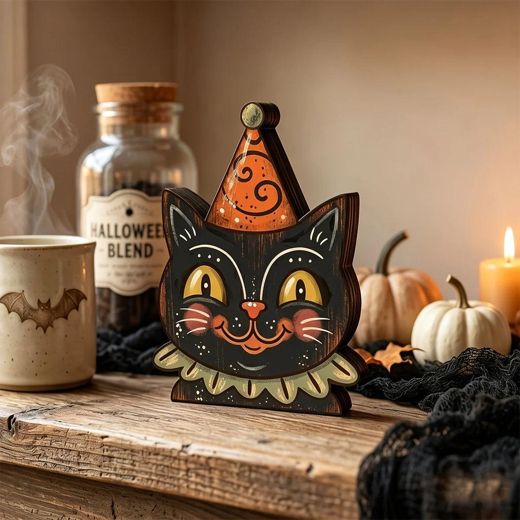 Veylora Halloween Decor Indoor,Retro Wooden Block for Shelf Decoration,Cute Ghost,Pumpkin,Black Cat,Skeleton,Witch Owl,Housewarming Gift